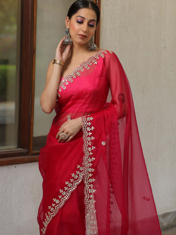 Banarasee Organza Silk Scallop Border Saree-Pink