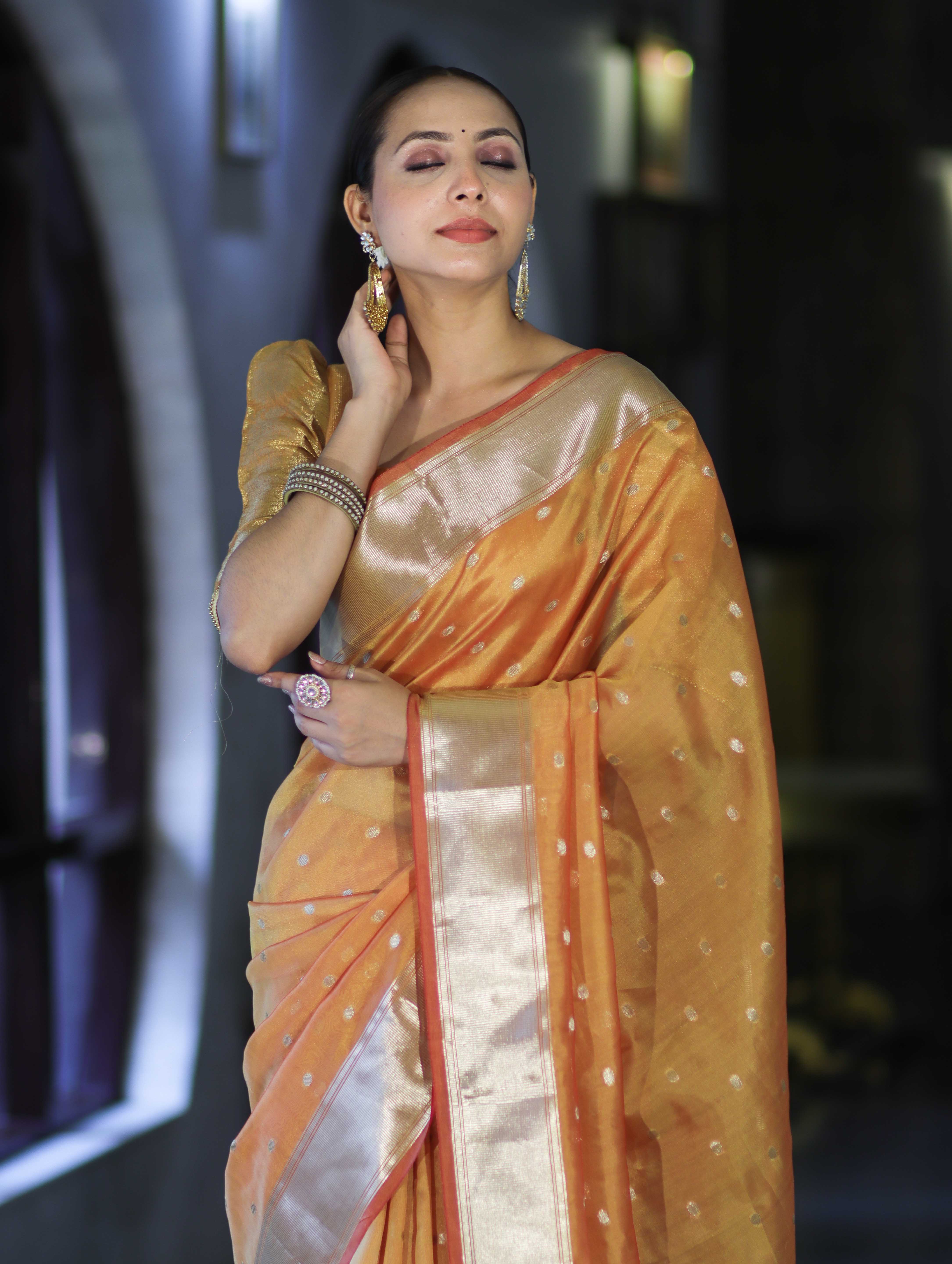 Banarasee Handloom Tissue Saree With Zari Buti Design & Border-Yellow