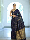 Banarasee Dual Tone Semi Katan Saree With Zari Stripe & Buta Design-Blue (Black Tone)