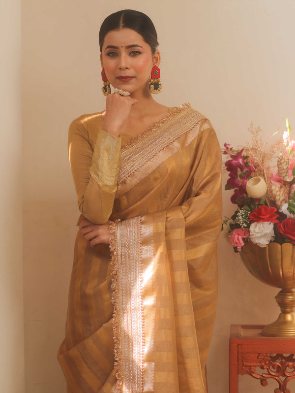 Banarasee Handwoven Semi Silk Saree With Zari Design & Lace-Gold