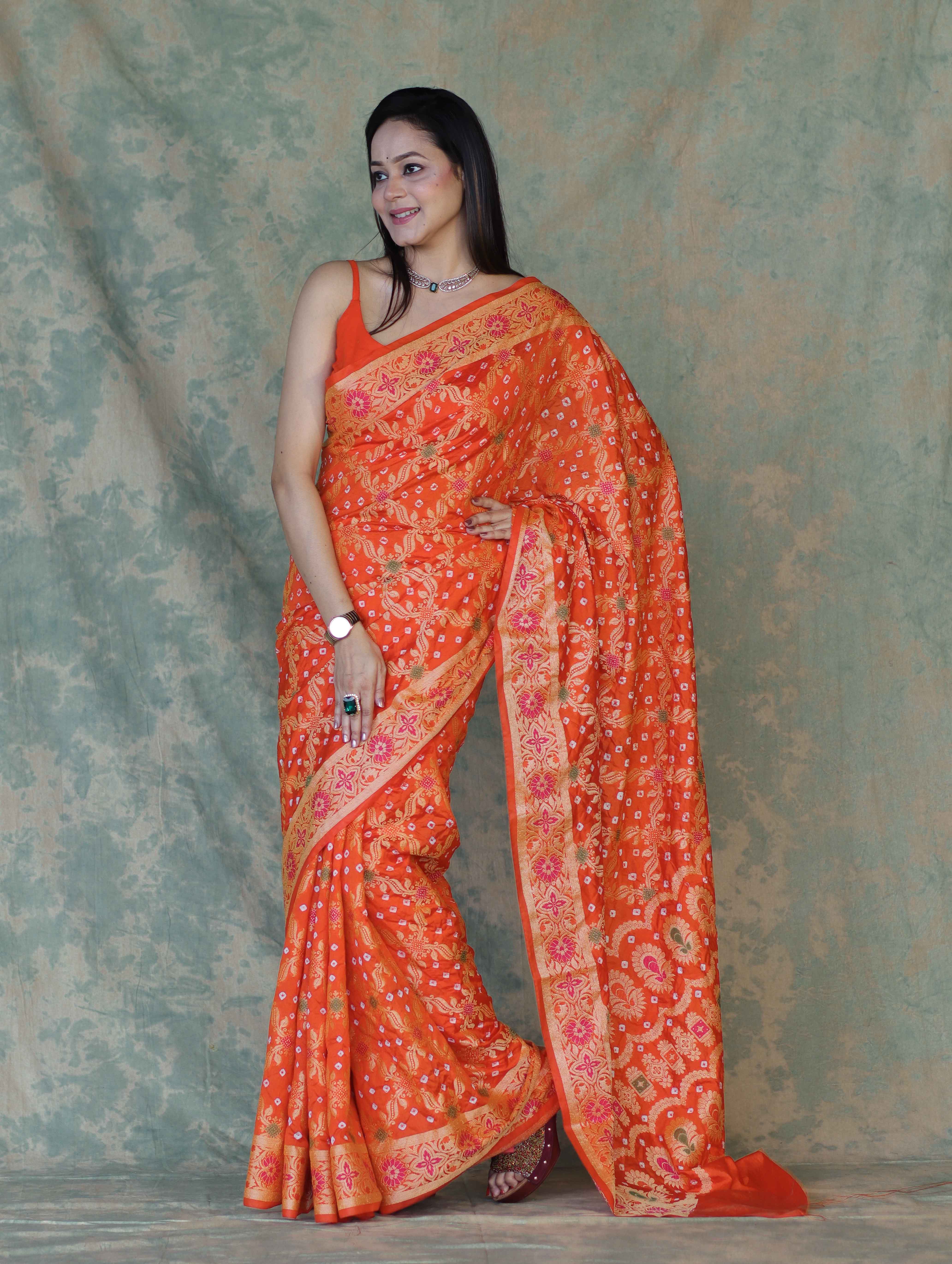 Banarasee Handloom Semi Silk Bandhej Saree With Broad Zari Floral Border-Orange