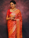 Banarasee Handwoven Pure Chiffon Saree With Zig-Zag Design Work-Red