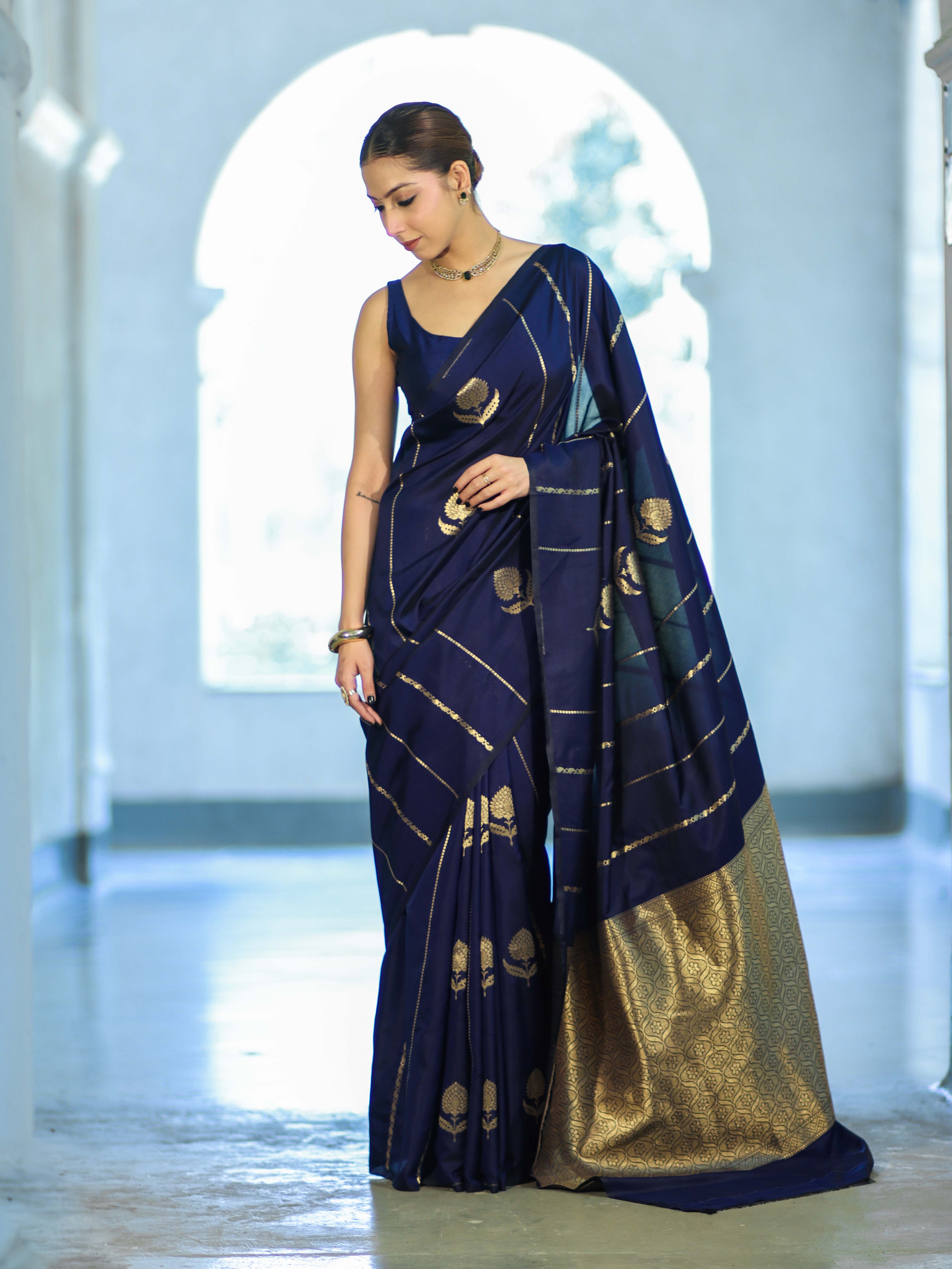 Banarasee Dual Tone Semi Katan Saree With Zari Stripe & Buta Design-Blue (Black Tone)