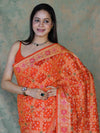 Banarasee Handloom Semi Silk Bandhej Saree With Broad Zari Floral Border-Orange