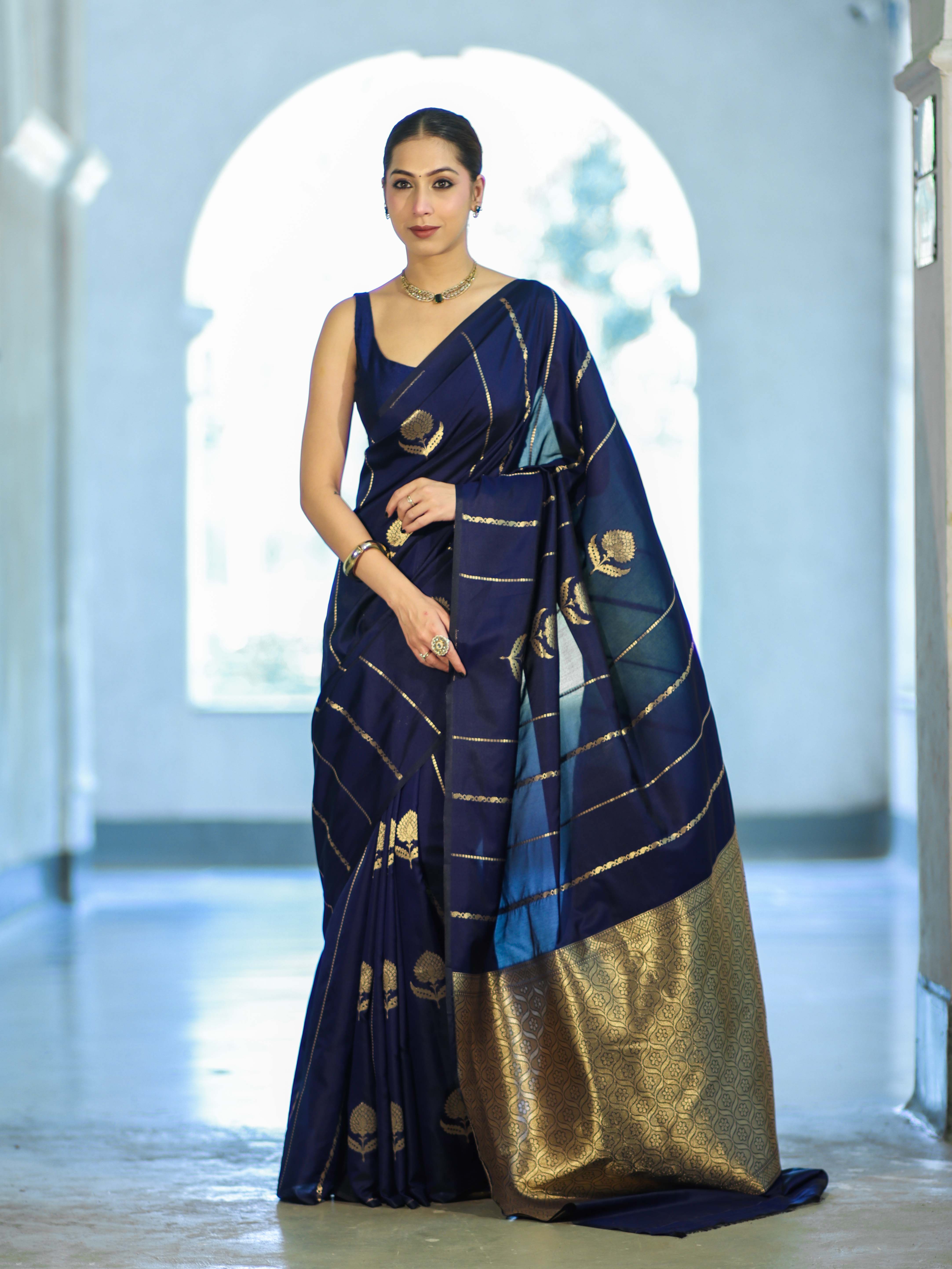 Banarasee Dual Tone Semi Katan Saree With Zari Stripe & Buta Design-Blue (Black Tone)