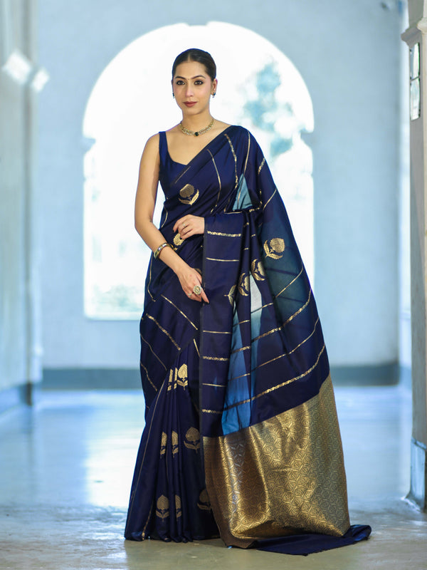 Banarasee Dual Tone Semi Katan Saree With Zari Stripe & Buta Design-Blue (Black Tone)