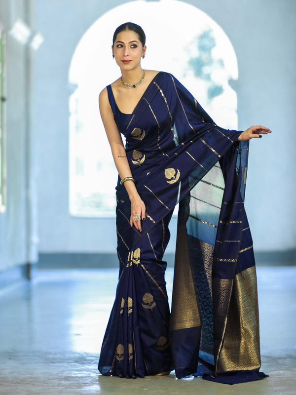 Banarasee Dual Tone Semi Katan Saree With Zari Stripe & Buta Design-Blue (Black Tone)