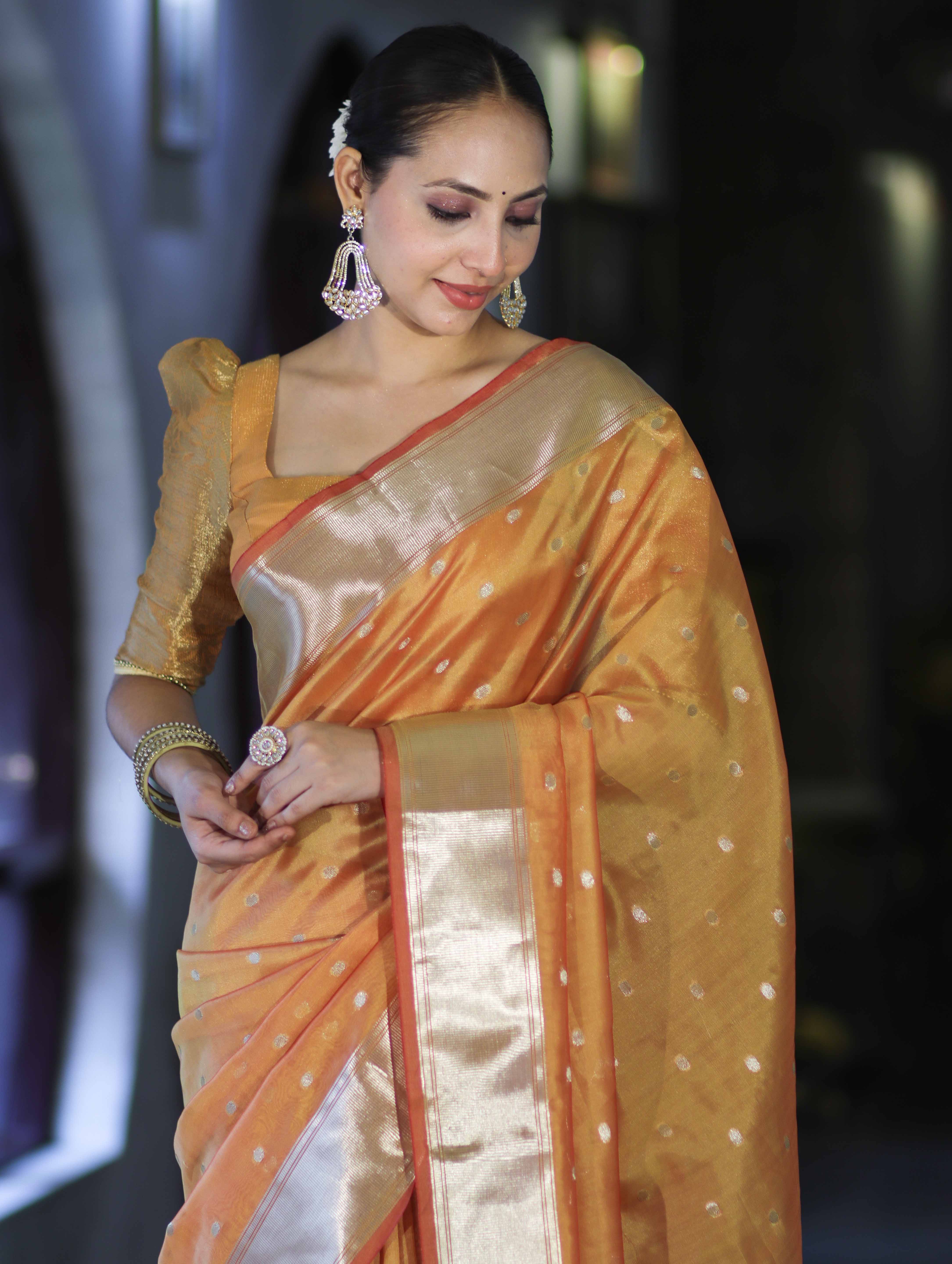 Banarasee Handloom Tissue Saree With Zari Buti Design & Border-Yellow
