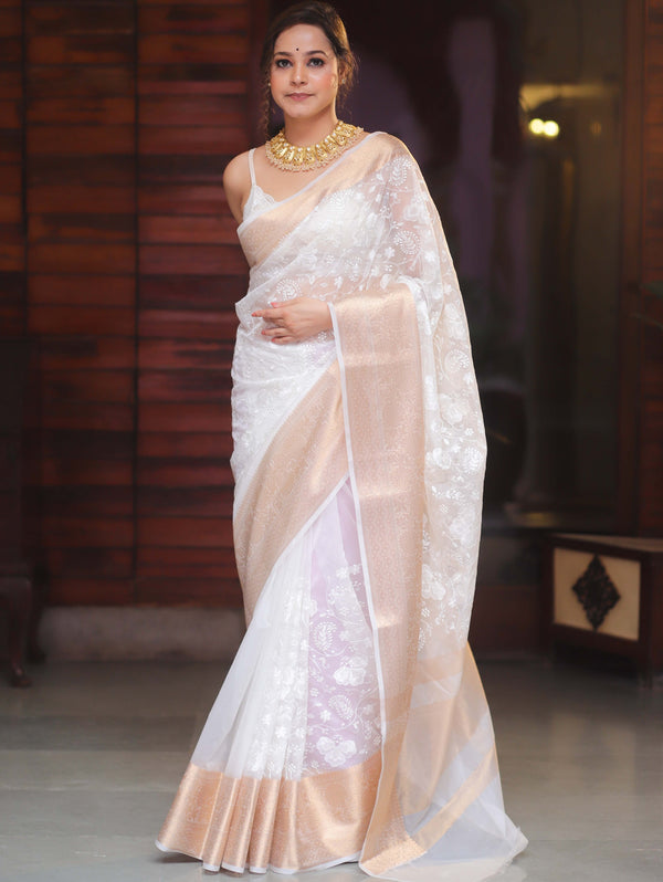 Banarasee Handwoven Organza Floral Embroidery Saree-White