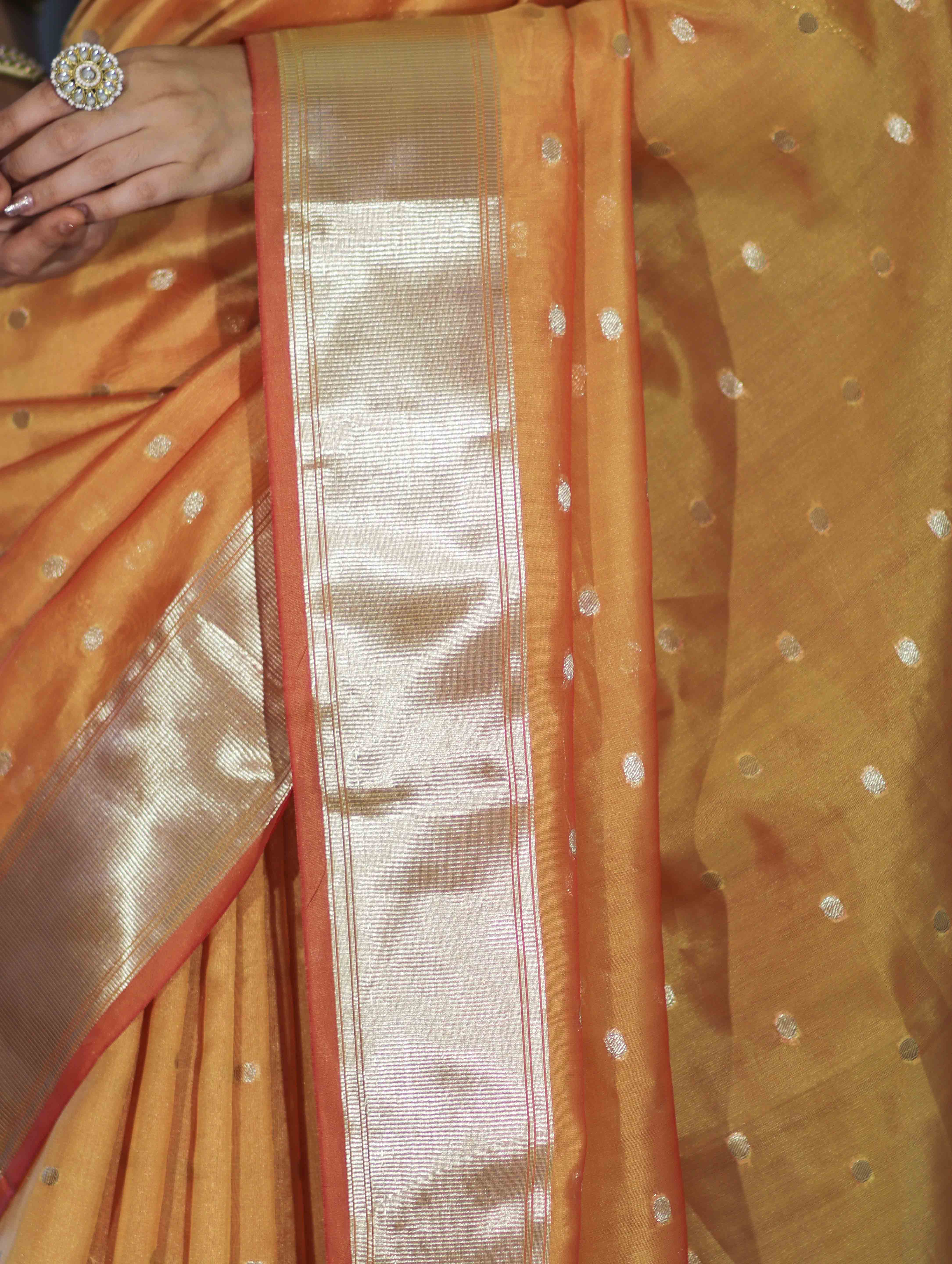Banarasee Handloom Tissue Saree With Zari Buti Design & Border-Yellow