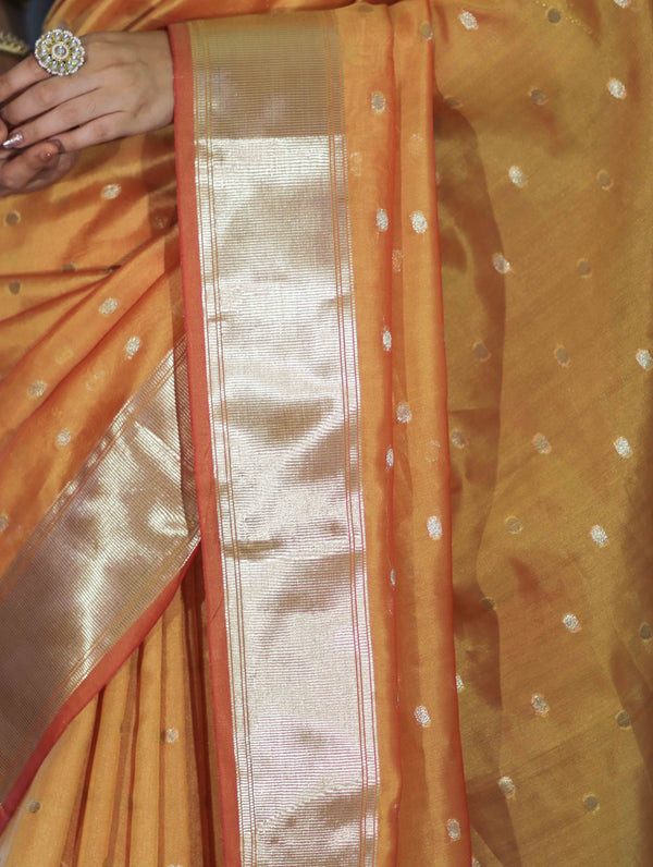 Banarasee Handloom Tissue Saree With Zari Buti Design & Border-Yellow