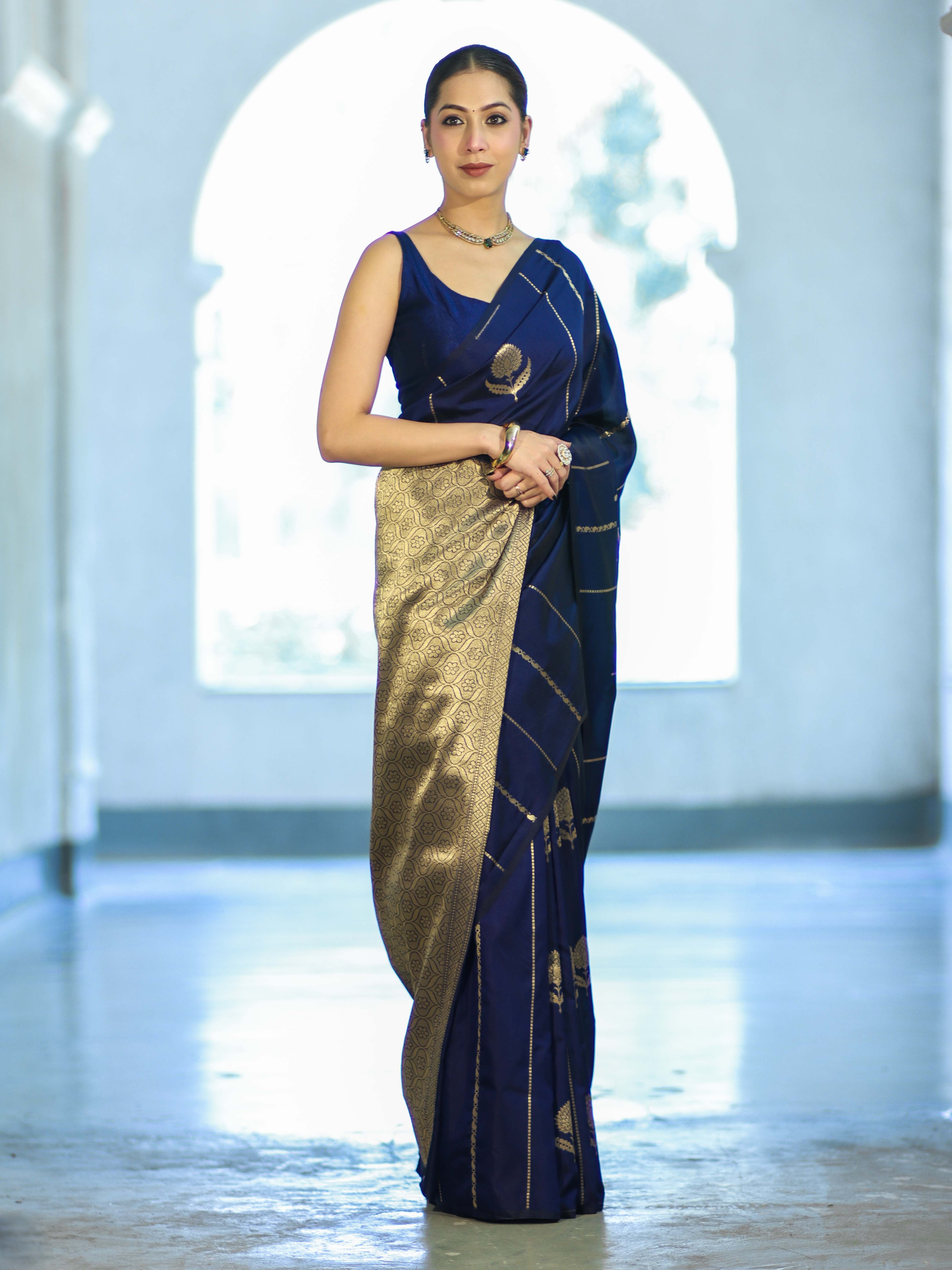 Banarasee Dual Tone Semi Katan Saree With Zari Stripe & Buta Design-Blue (Black Tone)