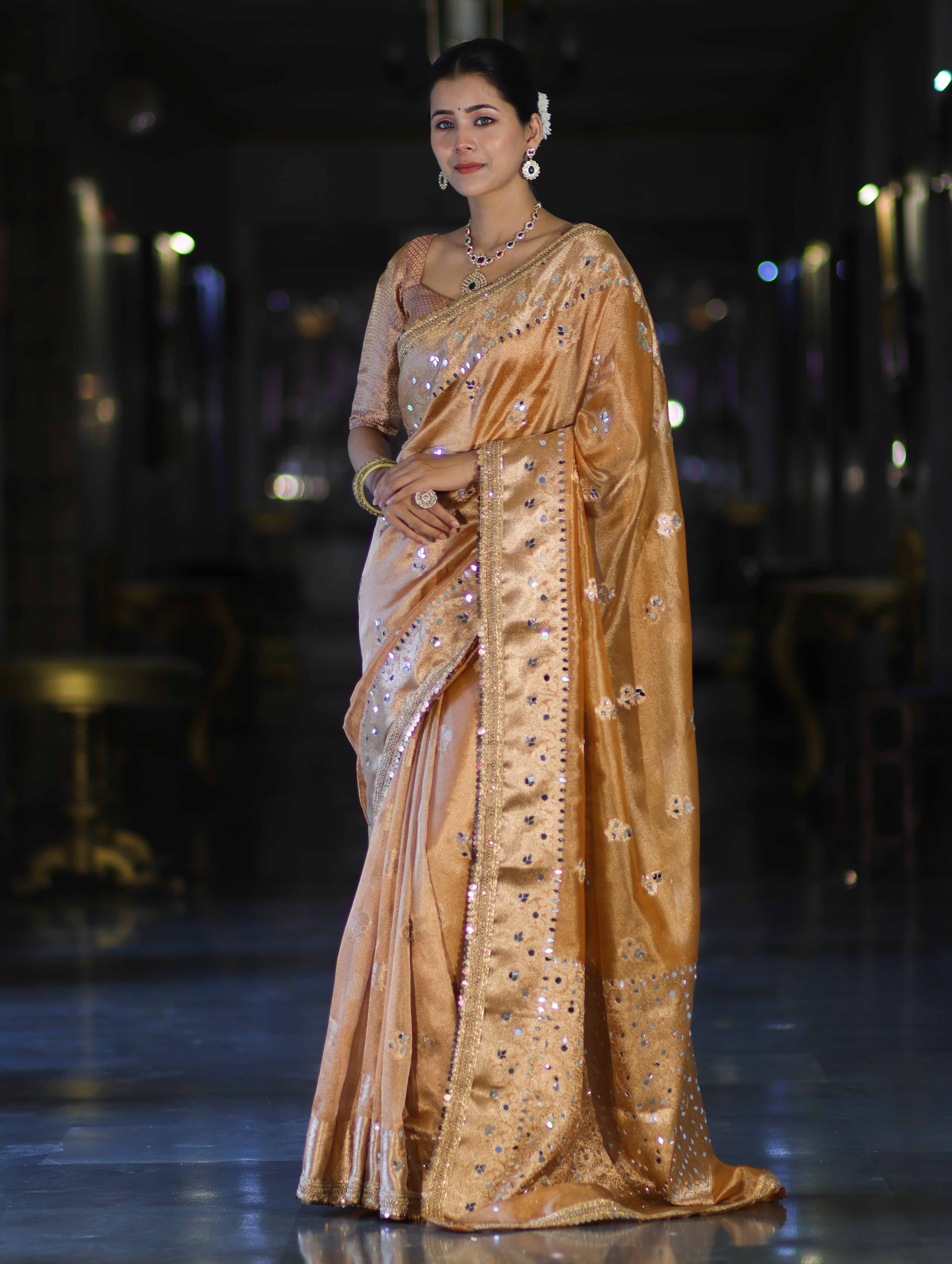Banarasee Tissue Hand Embroidered Mirror Work Saree-Rust Orange