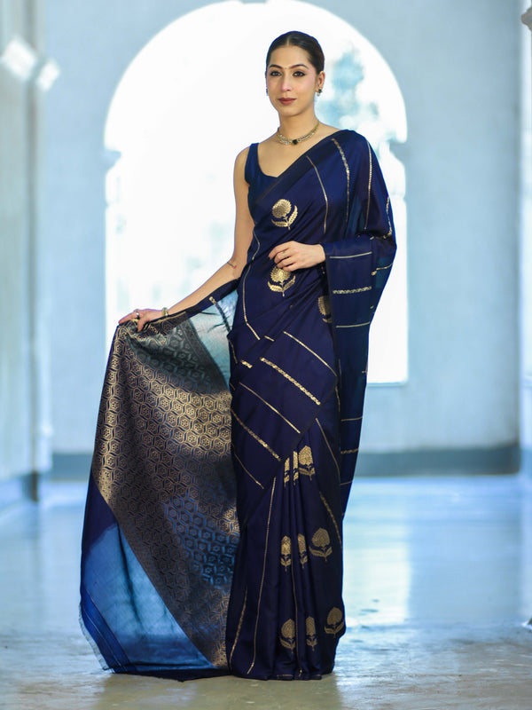 Banarasee Dual Tone Semi Katan Saree With Zari Stripe & Buta Design-Blue (Black Tone)