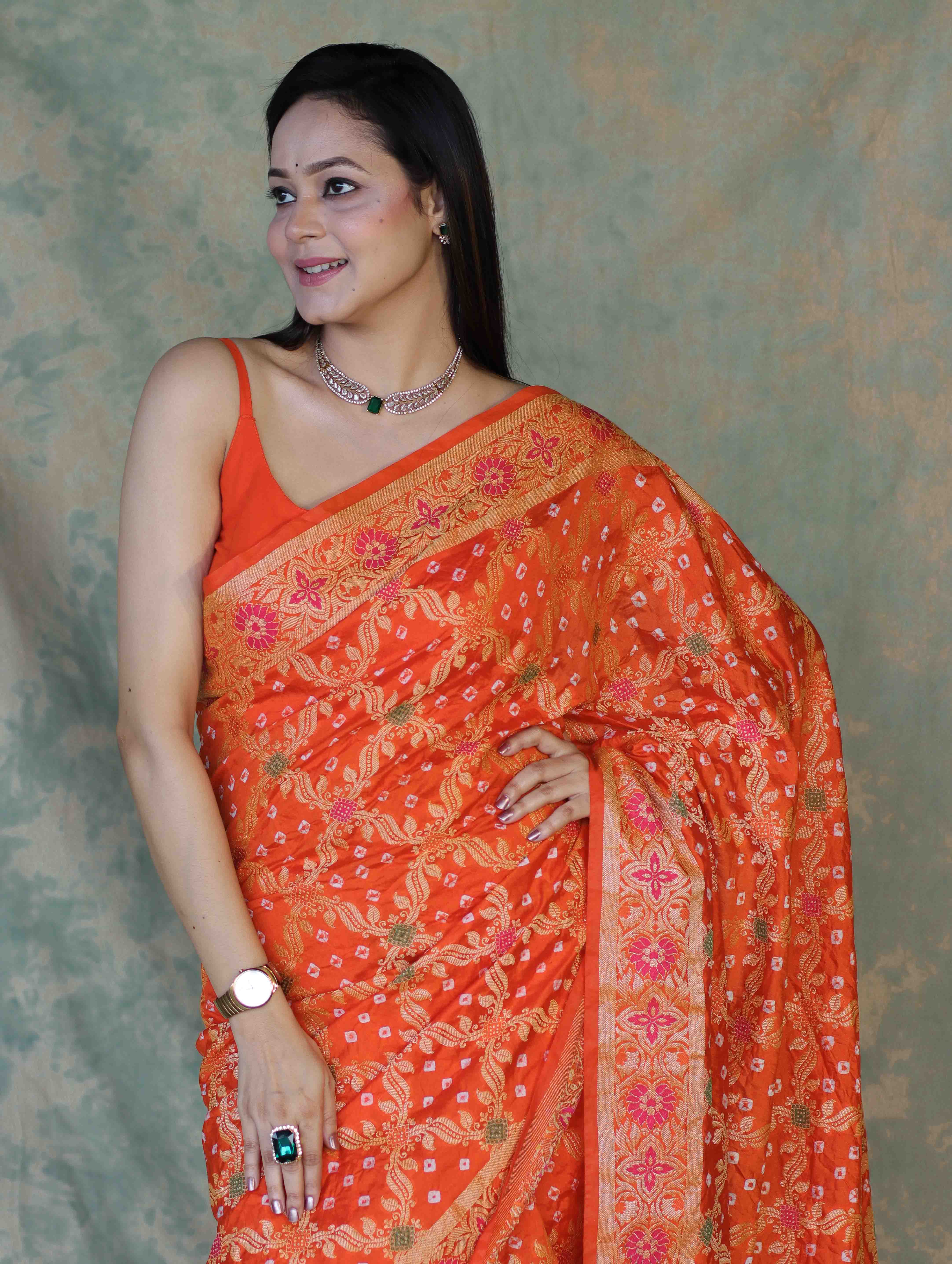 Banarasee Handloom Semi Silk Bandhej Saree With Broad Zari Floral Border-Orange