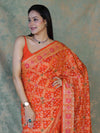Banarasee Handloom Semi Silk Bandhej Saree With Broad Zari Floral Border-Orange