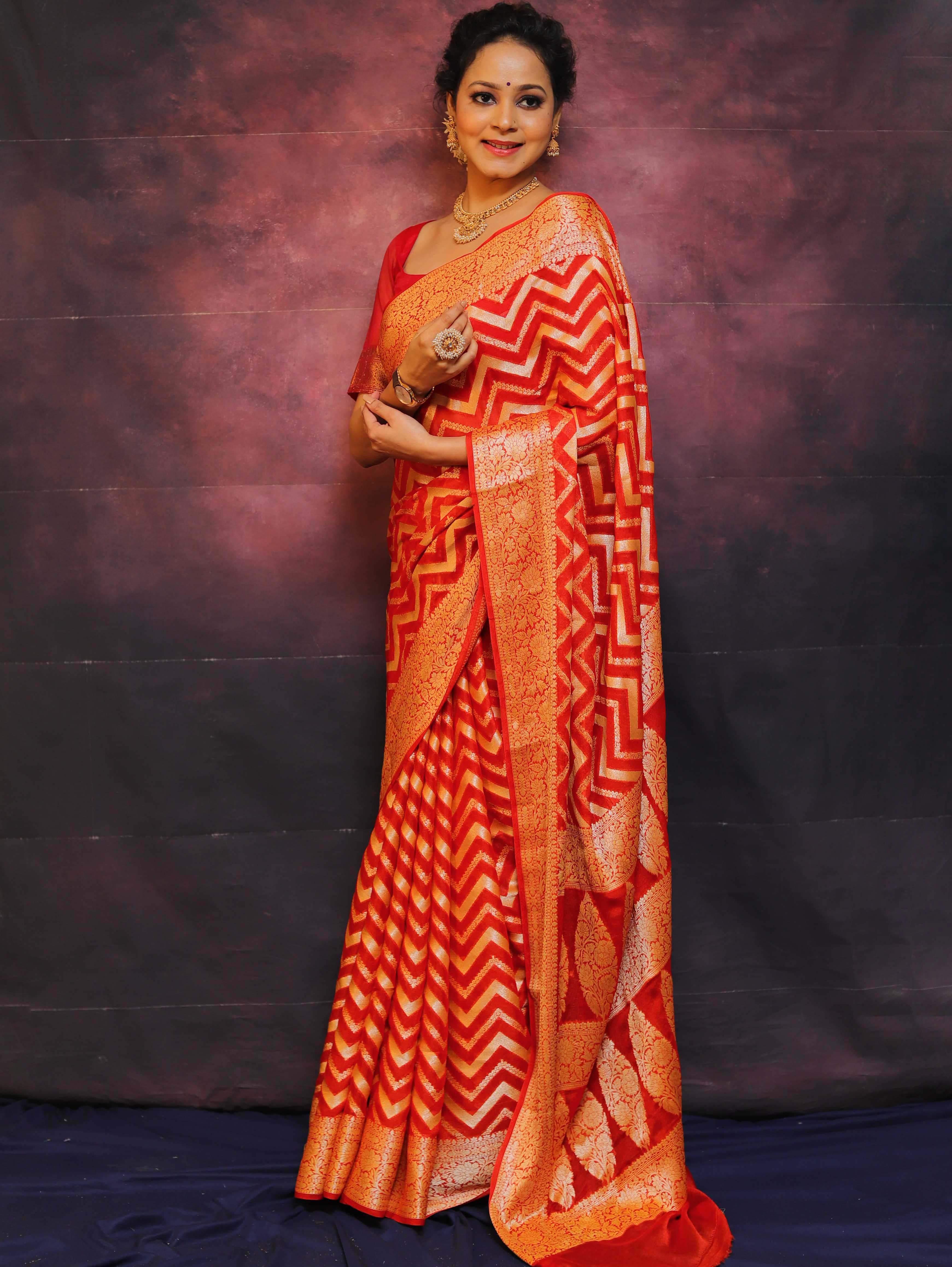 Banarasee Handwoven Pure Chiffon Saree With Zig-Zag Design Work-Red