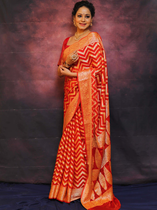 Banarasee Handwoven Pure Chiffon Saree With Zig-Zag Design Work-Red