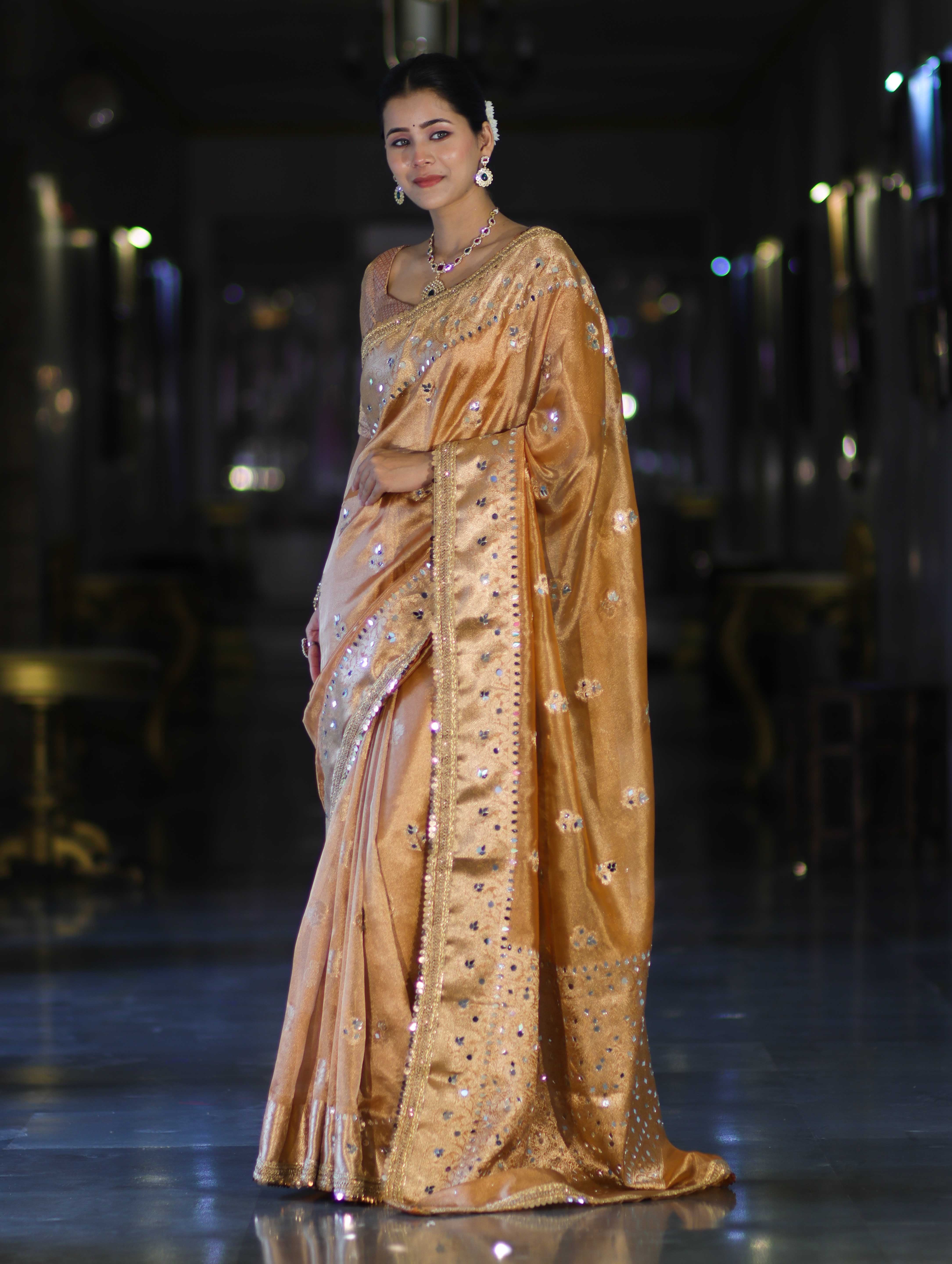 Banarasee Tissue Hand Embroidered Mirror Work Saree-Rust Orange