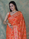Banarasee Handloom Semi Silk Bandhej Saree With Broad Zari Floral Border-Orange
