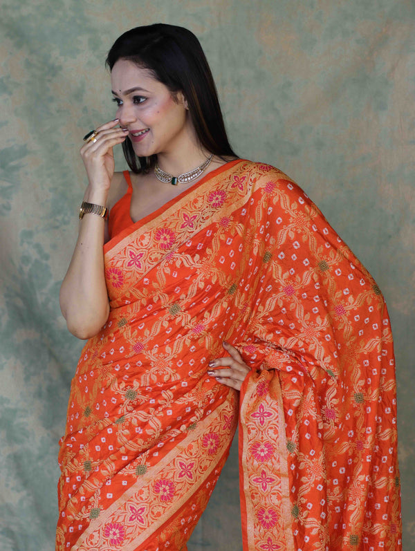 Banarasee Handloom Semi Silk Bandhej Saree With Broad Zari Floral Border-Orange