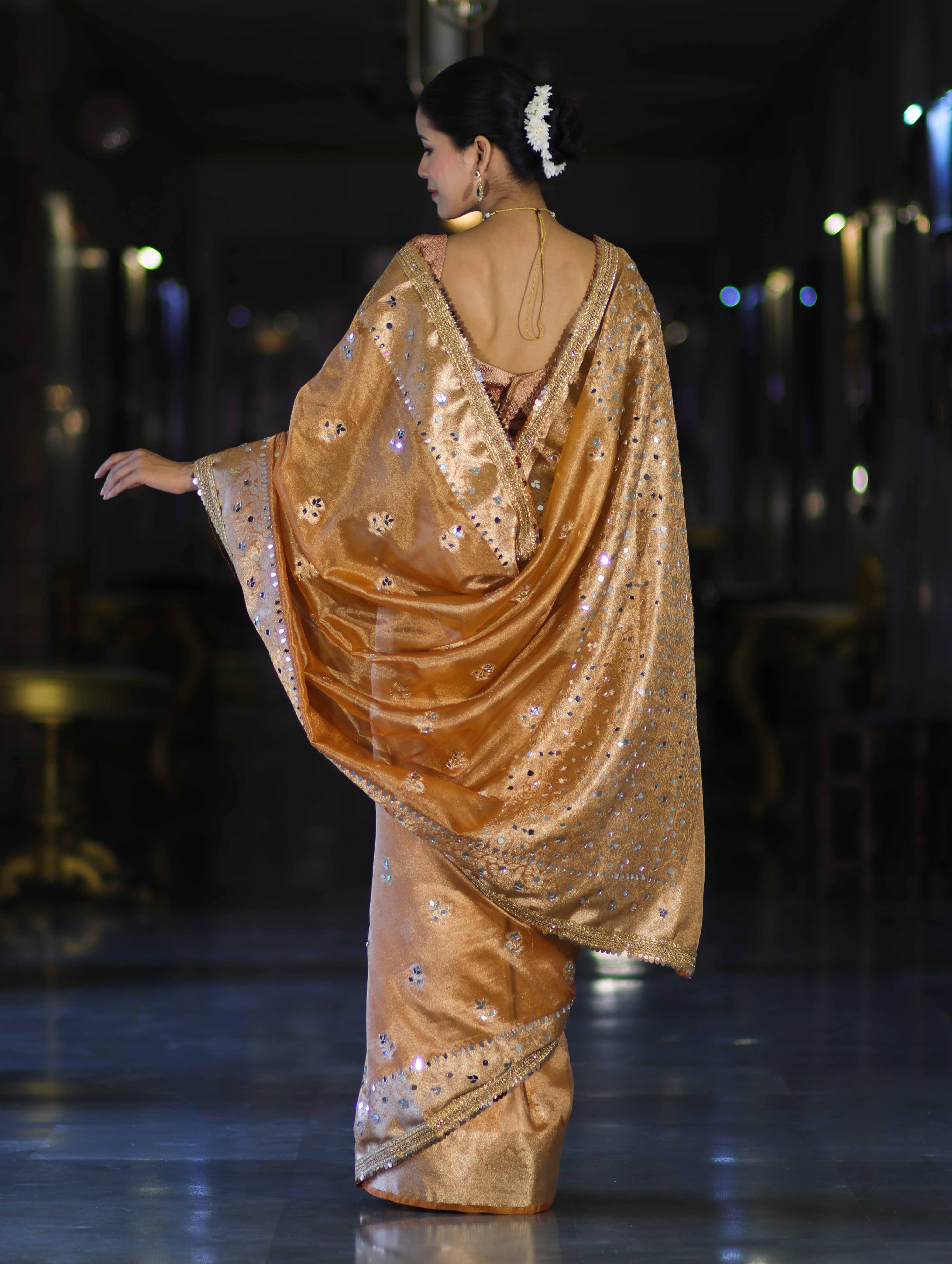 Banarasee Tissue Hand Embroidered Mirror Work Saree-Rust Orange