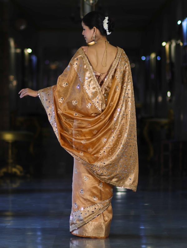 Banarasee Tissue Hand Embroidered Mirror Work Saree-Rust Orange
