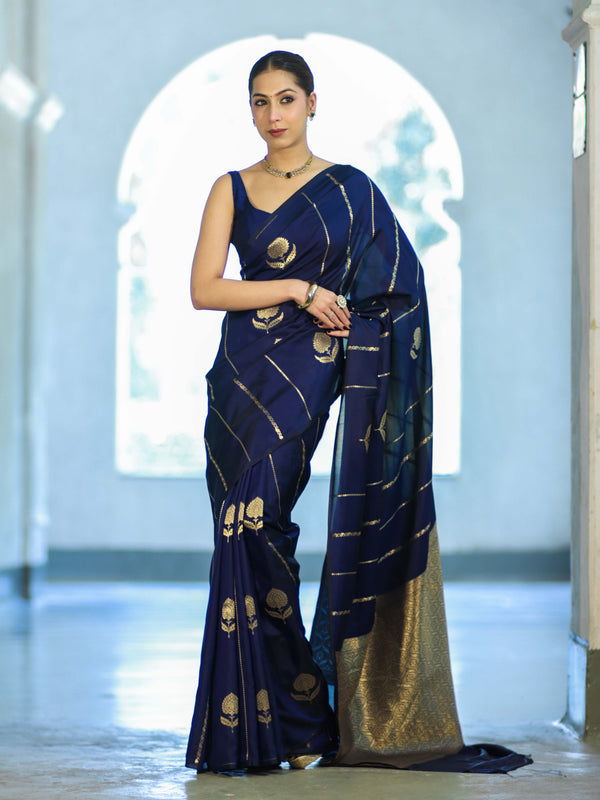 Banarasee Dual Tone Semi Katan Saree With Zari Stripe & Buta Design-Blue (Black Tone)
