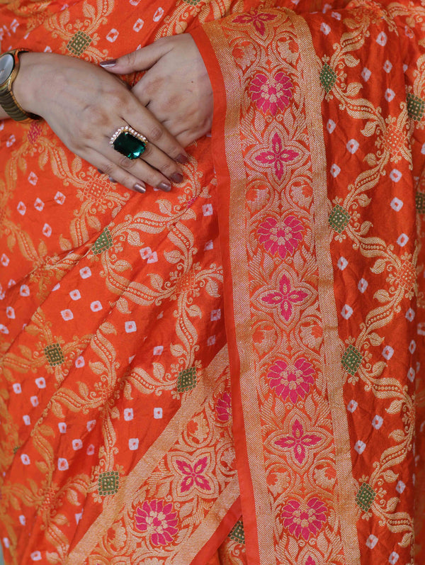 Banarasee Handloom Semi Silk Bandhej Saree With Broad Zari Floral Border-Orange