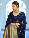 Banarasee Dual Tone Semi Katan Saree With Zari Stripe & Buta Design-Blue (Black Tone)
