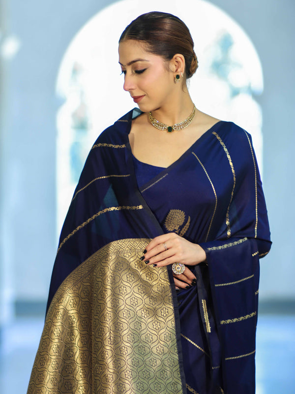 Banarasee Dual Tone Semi Katan Saree With Zari Stripe & Buta Design-Blue (Black Tone)