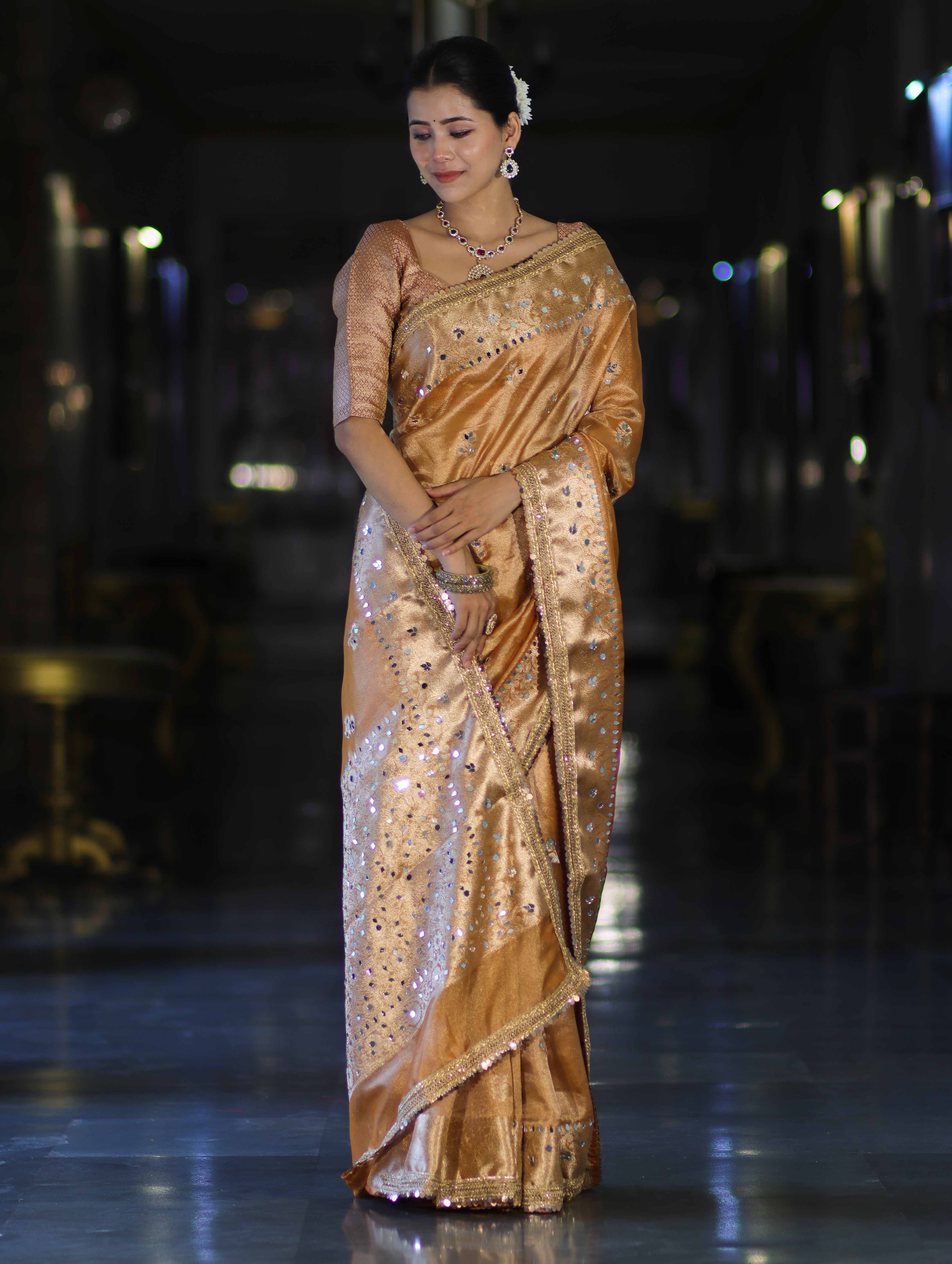Banarasee Tissue Hand Embroidered Mirror Work Saree-Rust Orange