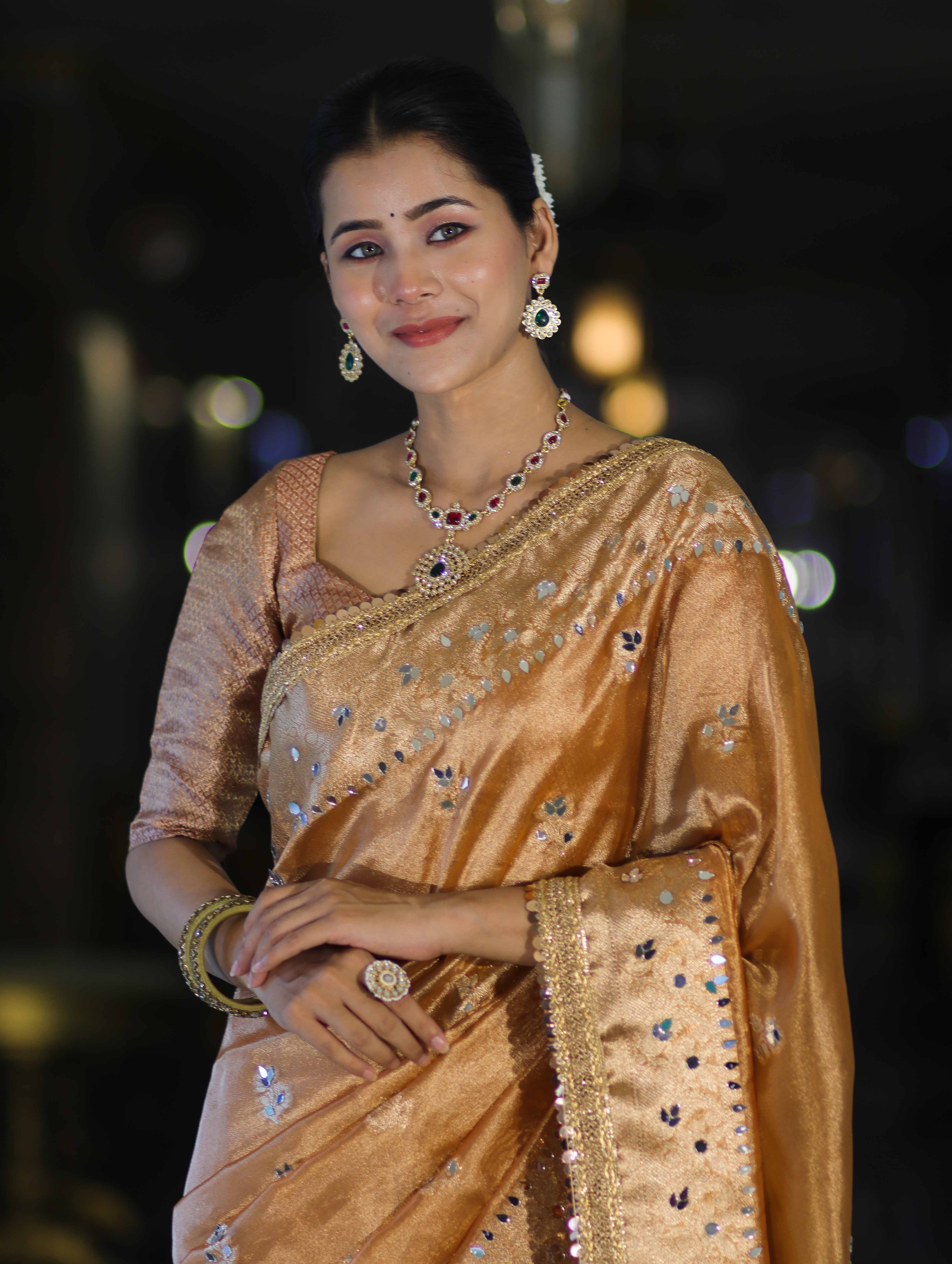 Banarasee Tissue Hand Embroidered Mirror Work Saree-Rust Orange