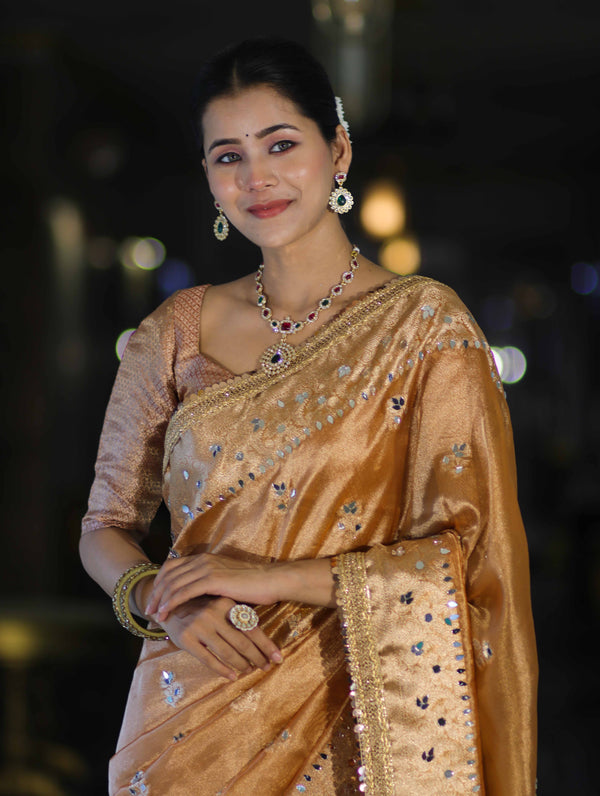Banarasee Tissue Hand Embroidered Mirror Work Saree-Rust Orange