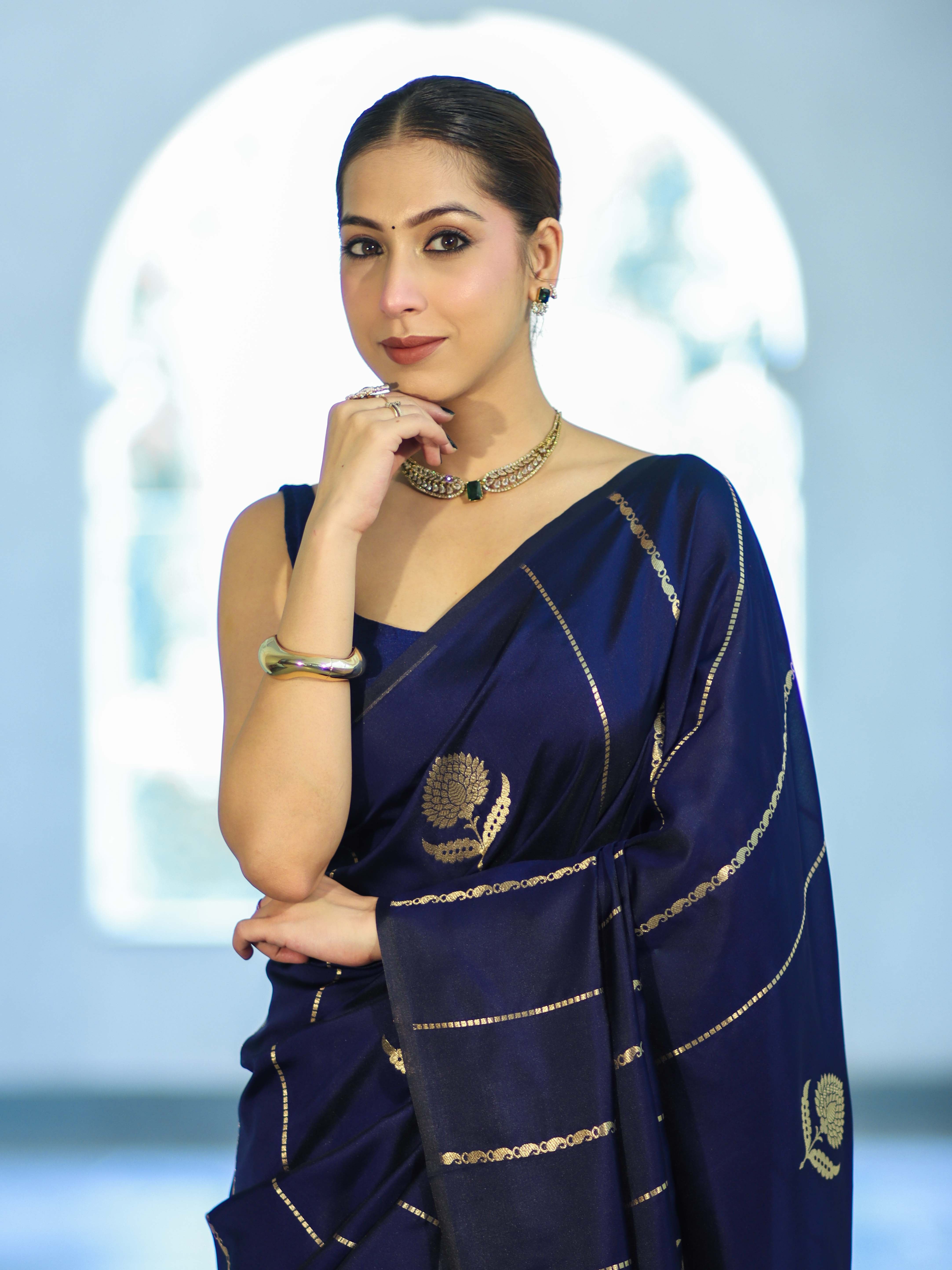 Banarasee Dual Tone Semi Katan Saree With Zari Stripe & Buta Design-Blue (Black Tone)
