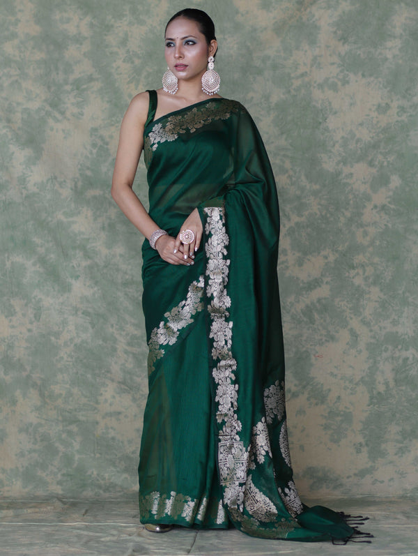 Banarasee Handloom Cotton Silk Plain Saree With Gold Zari Border-Deep Green