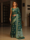 Banarasee Pure Chiffon Saree With Resham Jaal Design & Border-Bottle Green