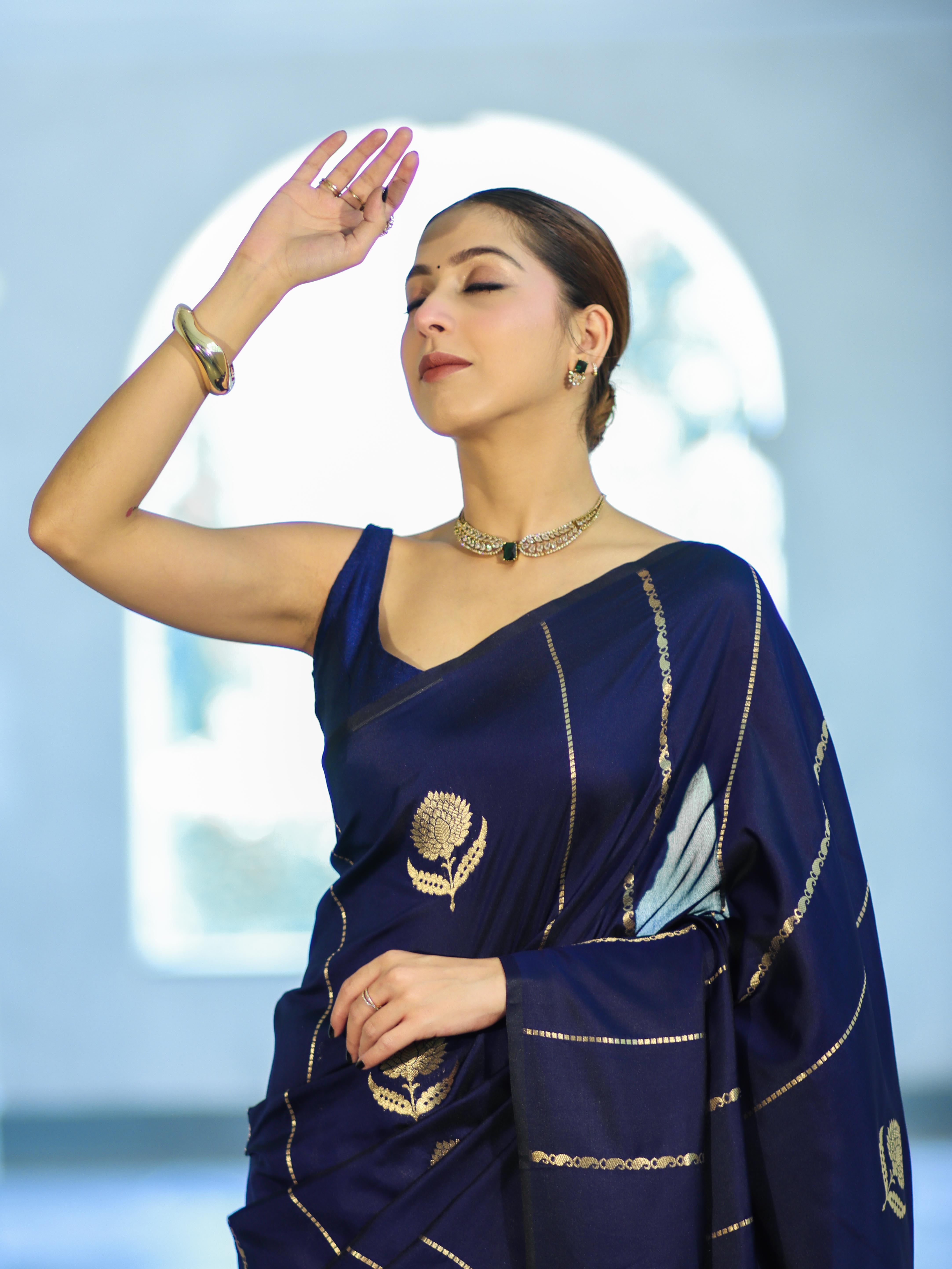Banarasee Dual Tone Semi Katan Saree With Zari Stripe & Buta Design-Blue (Black Tone)