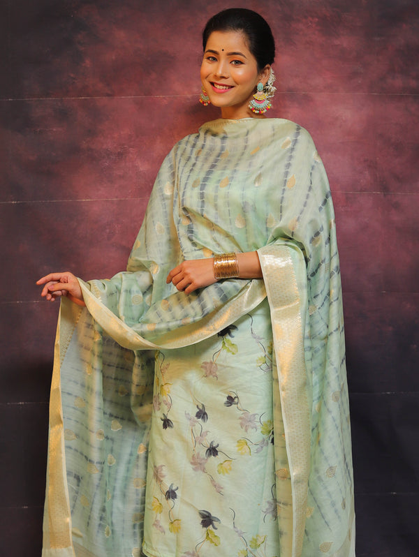 Banarasee Pure Chanderi Salwar Kameez Fabric With Digital Print Work & Shibori Dupatta-Green