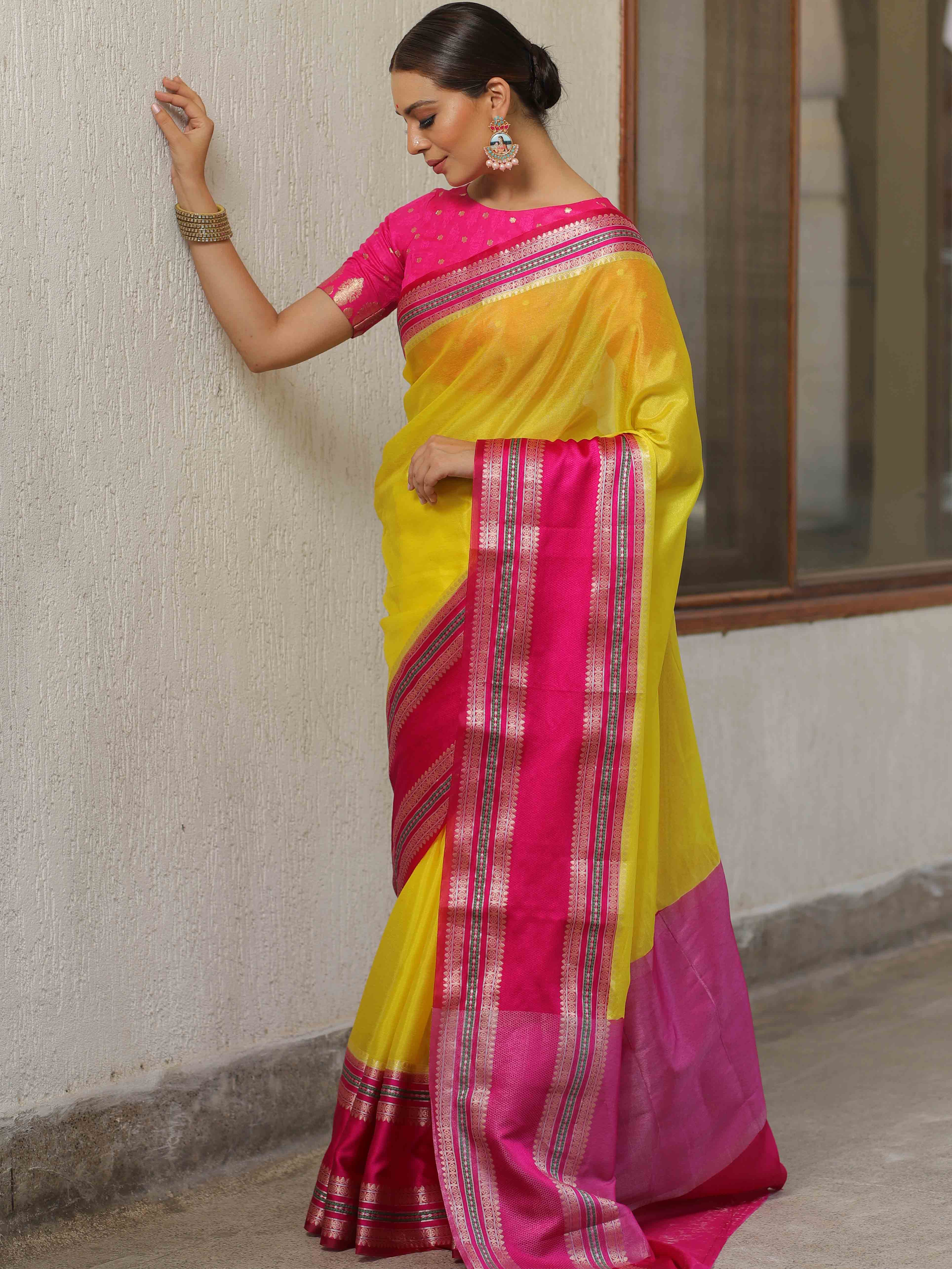 Banarasee Handwoven Semi Silk Plain Saree With Broad Zari & Contrast Border-Yellow & Pink