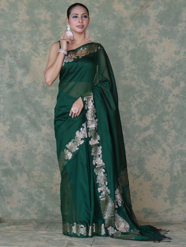 Banarasee Handloom Cotton Silk Plain Saree With Gold Zari Border-Deep Green