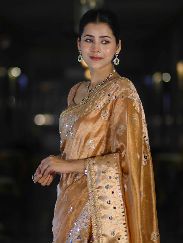 Banarasee Tissue Hand Embroidered Mirror Work Saree-Rust Orange