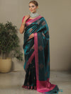 Banarasee Handwoven Contrast Border Tissue Saree-Dark Teal Green
