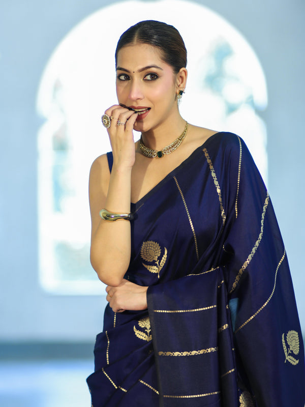 Banarasee Dual Tone Semi Katan Saree With Zari Stripe & Buta Design-Blue (Black Tone)