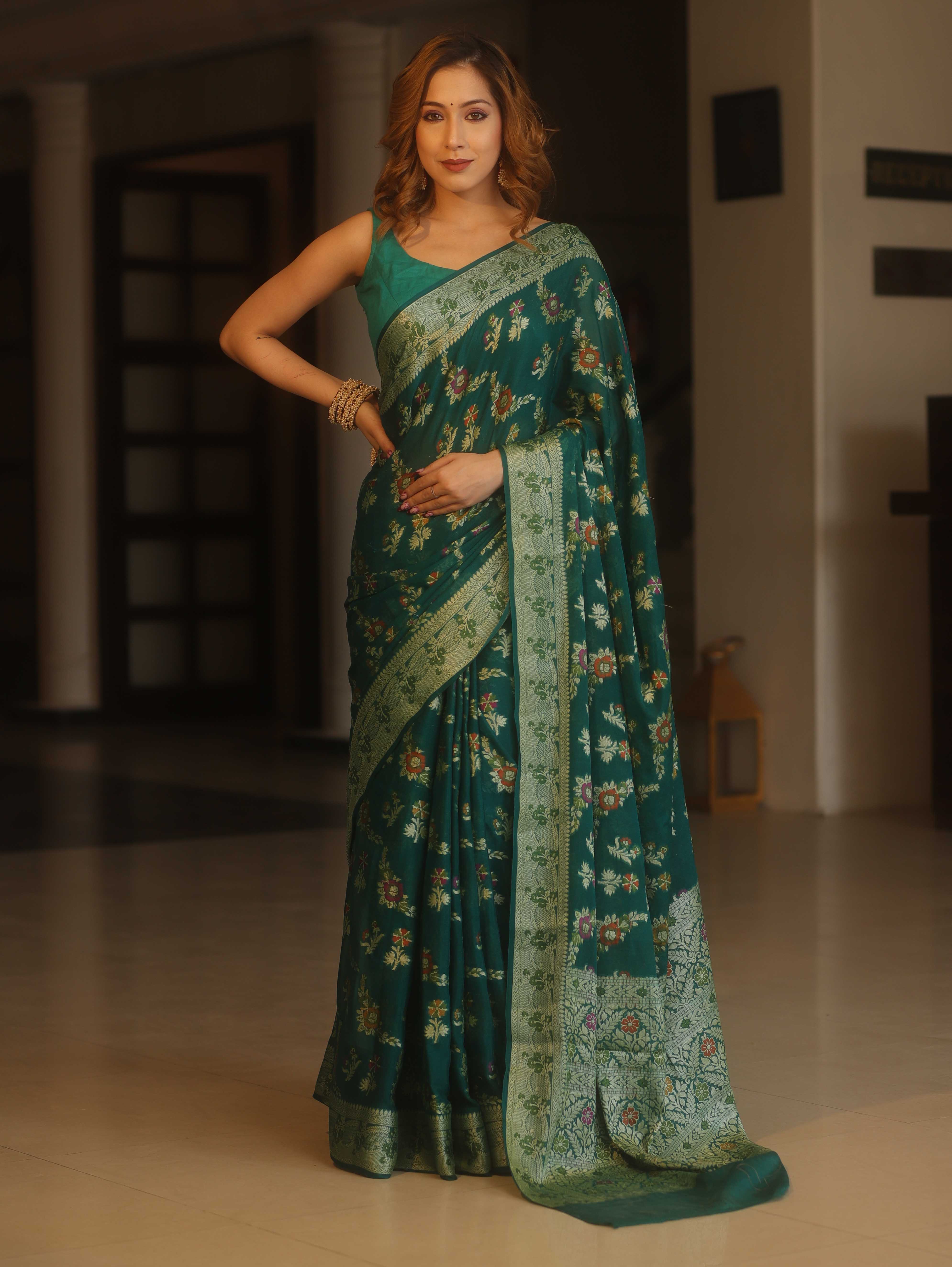 Banarasee Pure Chiffon Saree With Resham Jaal Design & Border-Bottle Green