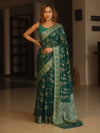 Banarasee Pure Chiffon Saree With Resham Jaal Design & Border-Bottle Green