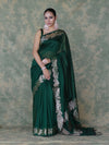 Banarasee Handloom Cotton Silk Plain Saree With Gold Zari Border-Deep Green