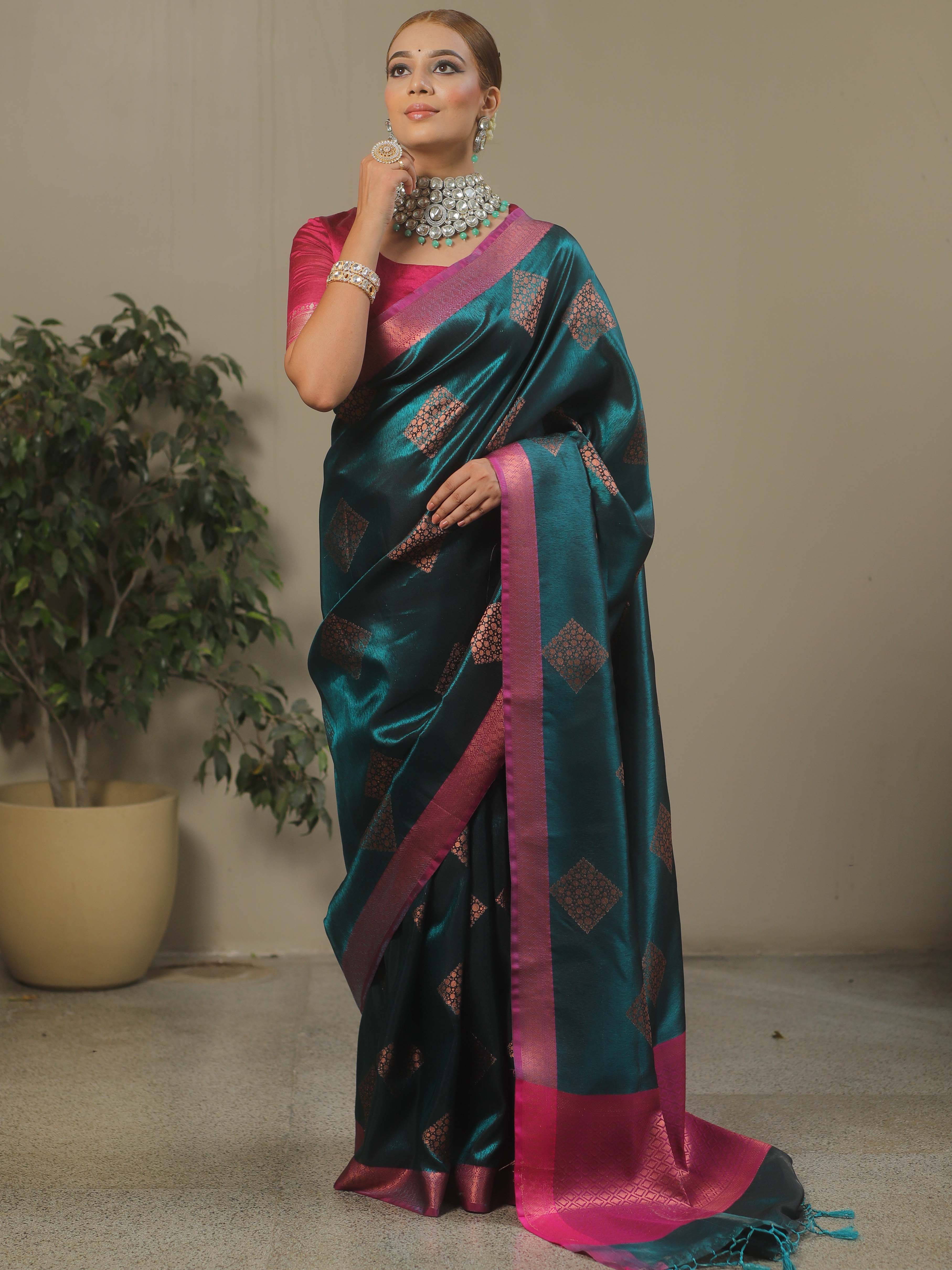 Banarasee Handwoven Contrast Border Tissue Saree-Dark Teal Green