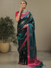 Banarasee Handwoven Contrast Border Tissue Saree-Dark Teal Green
