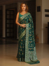 Banarasee Pure Chiffon Saree With Resham Jaal Design & Border-Bottle Green
